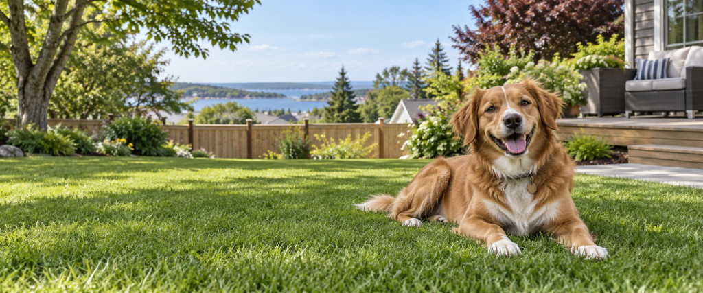 Relaxed dog enjoying a clean, healthy backyard lawn in Halifax